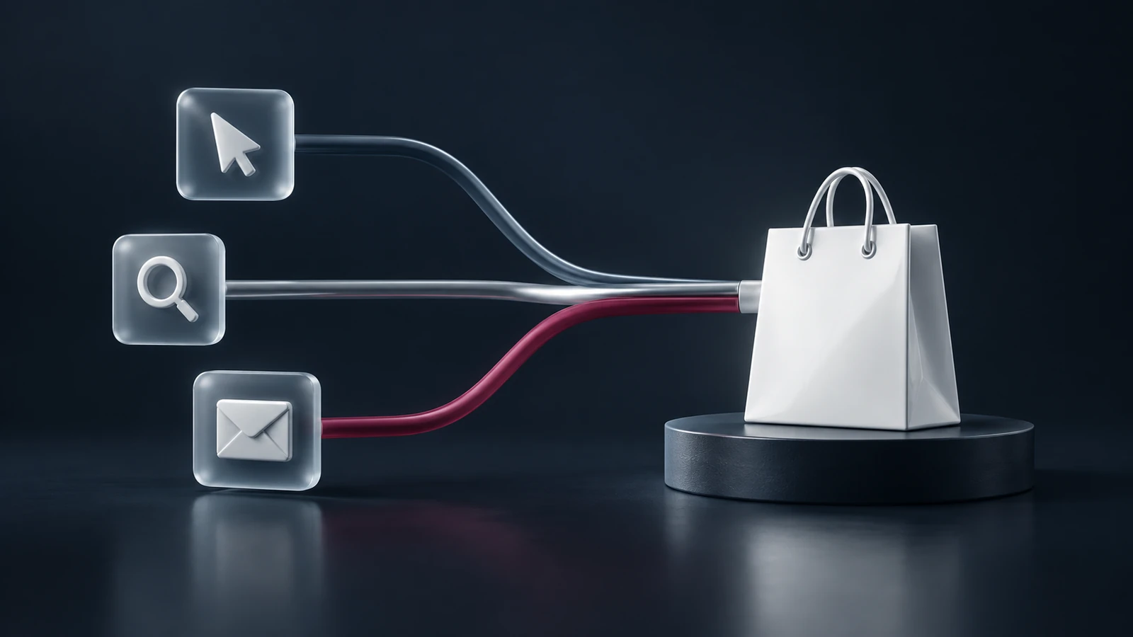 Concept illustration of ad, search, and email paths converging on one ecommerce order.
