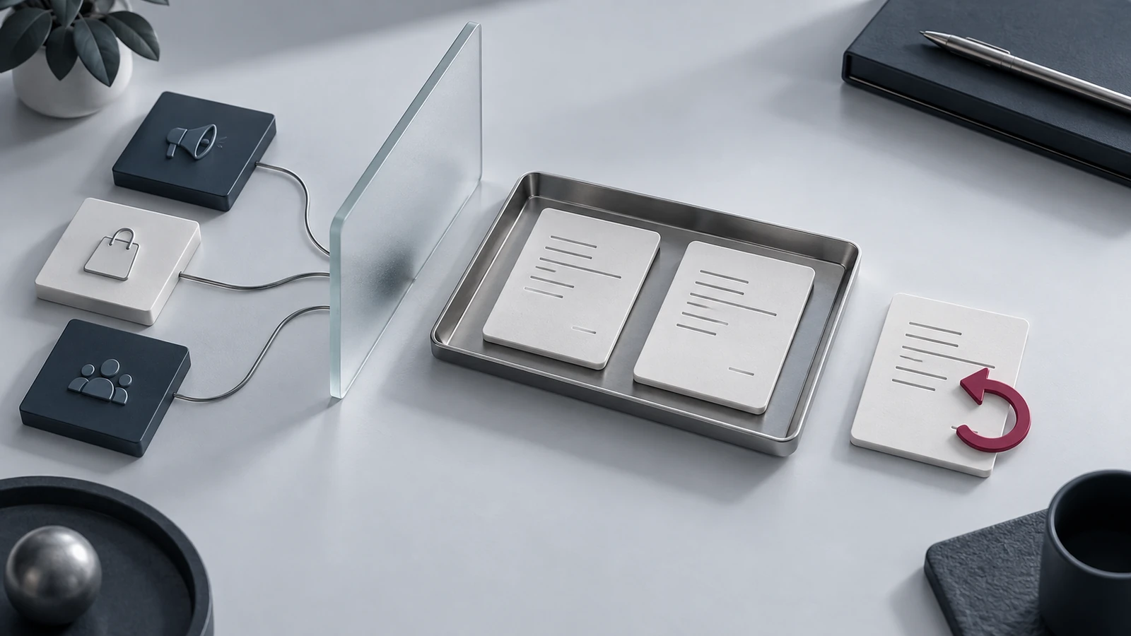 Concept illustration of order records and a return being reconciled with a ledger.