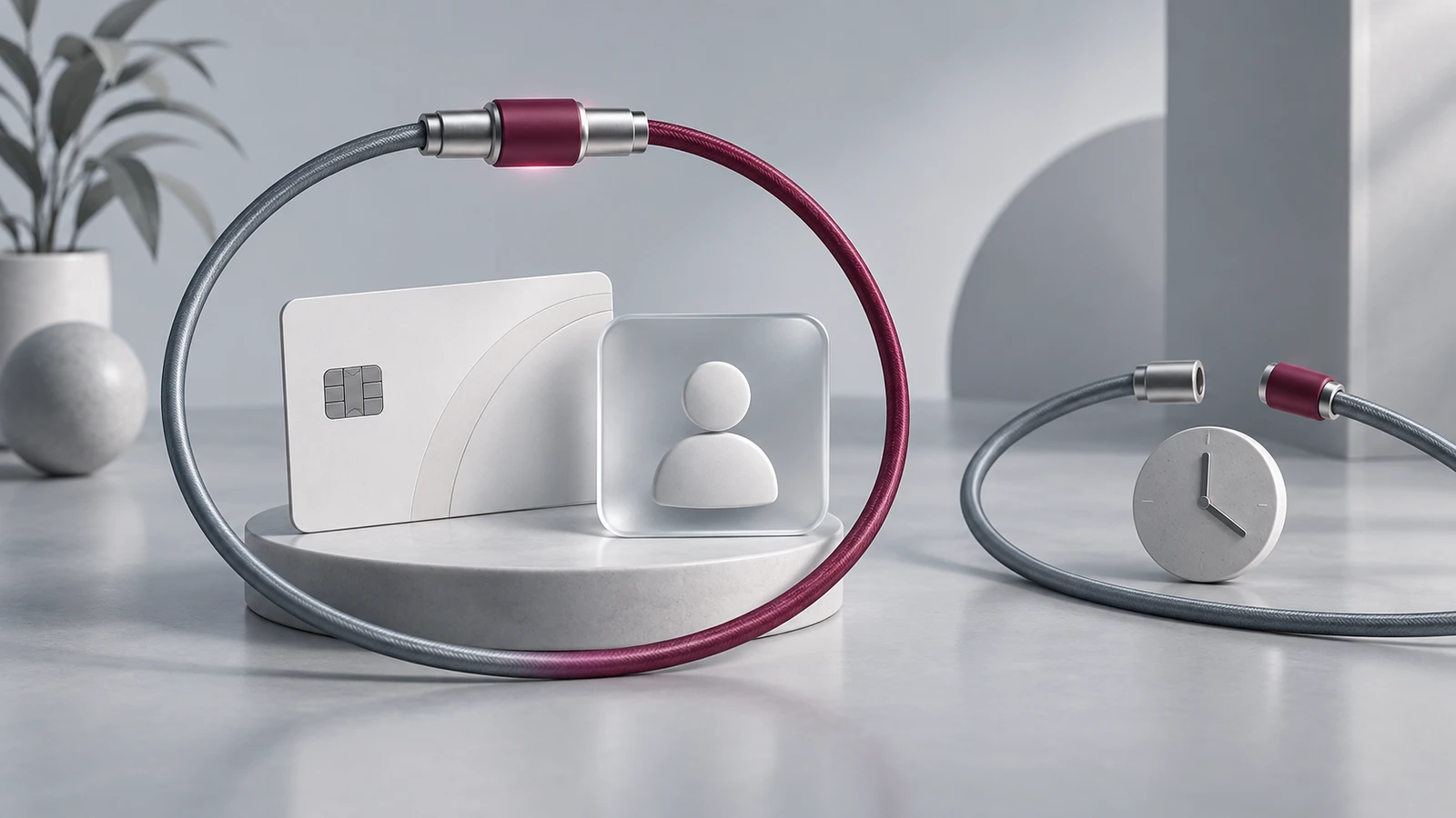 Concept illustration of a reconnected payment and subscriber loop beside an open connection and a clock.