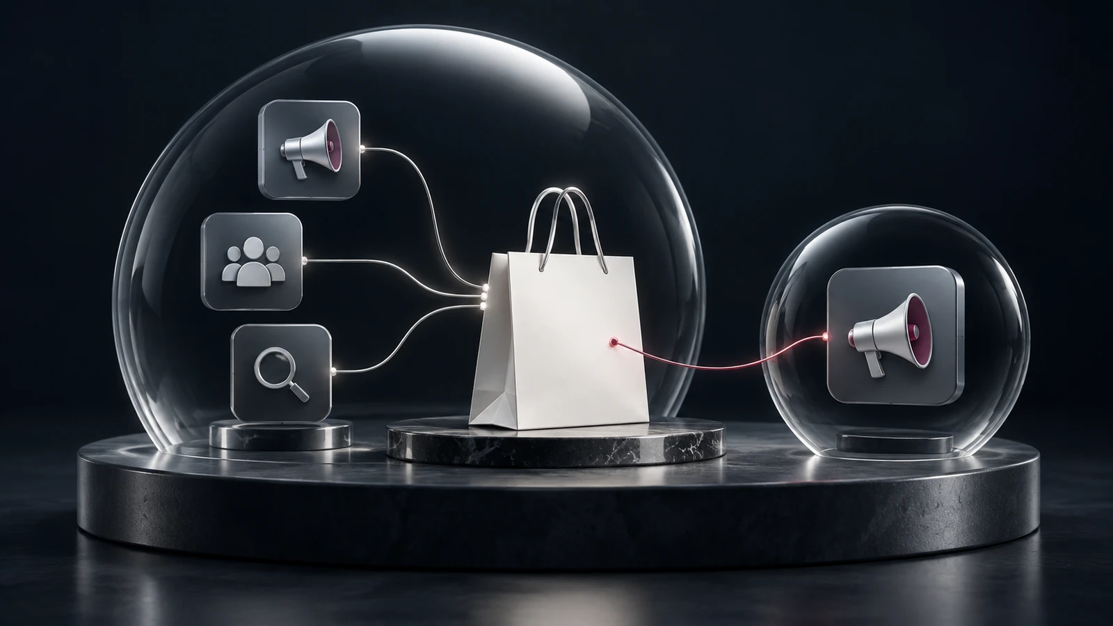 Concept illustration of paid channel tiles viewed through a wide reporting lens on a dark navy background.