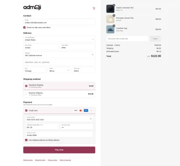 Admoji checkout with customer details, delivery and order summary