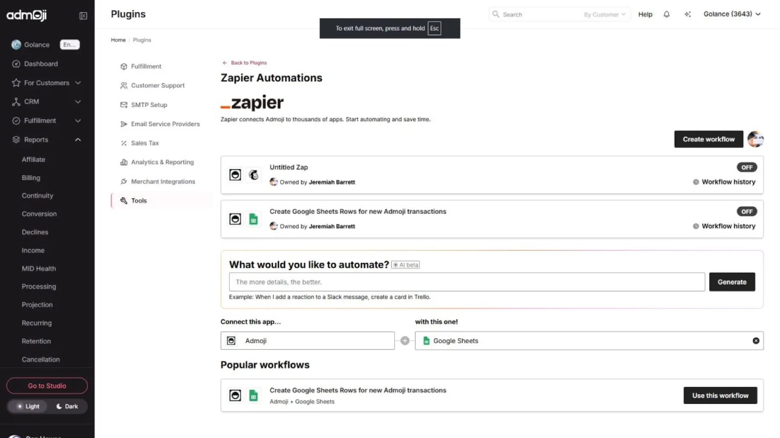 Zapier Automations inside Admoji