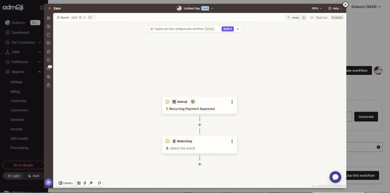 Zapier flow builder in Admoji