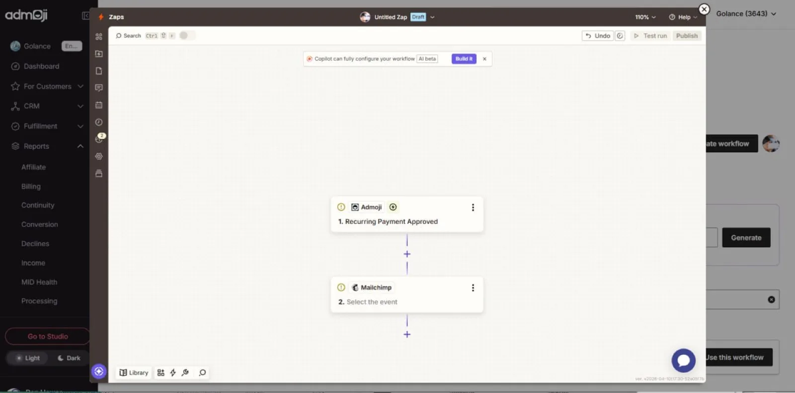 Zapier flow builder in Admoji